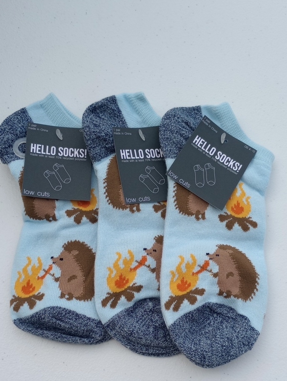 NWT Three Pair Hello Socks Hedgehog Camping Low Cut Socks 4-10 Shoe Size